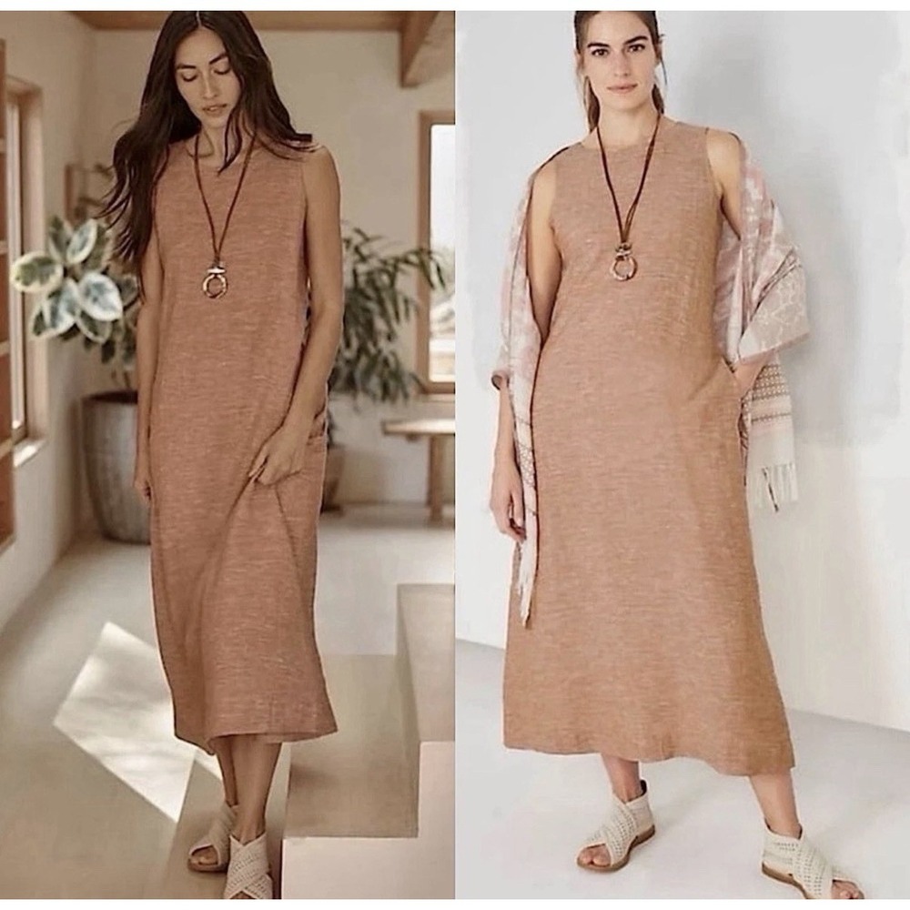 Pure Jill 100% Linen A Line Maxi Dress L Sable Sleeveless Pockets Lagenlook